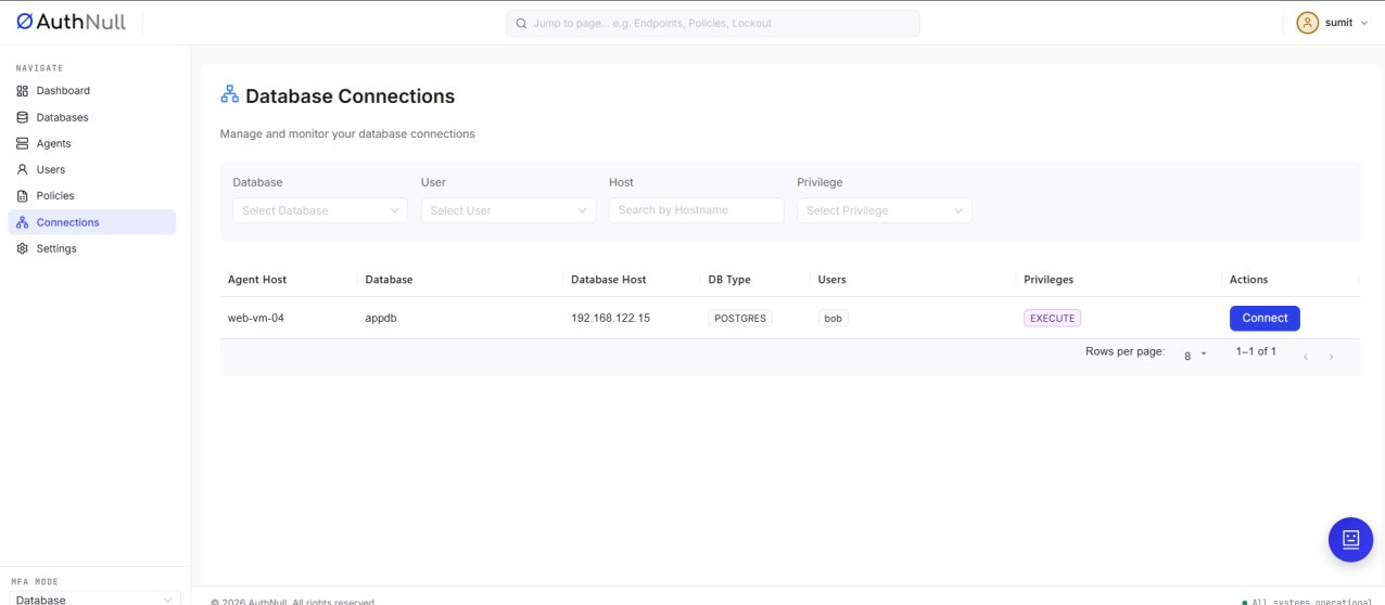 Database Connections screen
